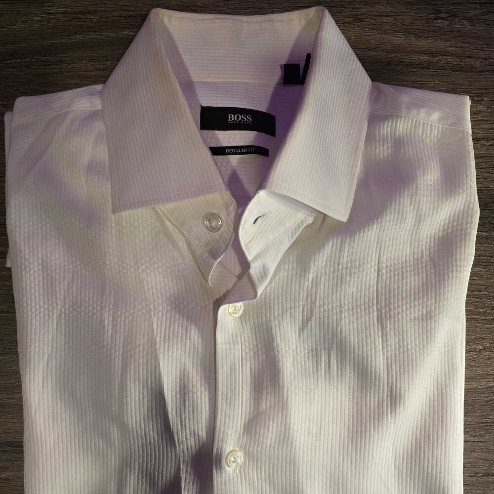 Hugo Boss White Dress Shirt – 16.5 / 34-35, Tonal Stripe, Regular Fit
